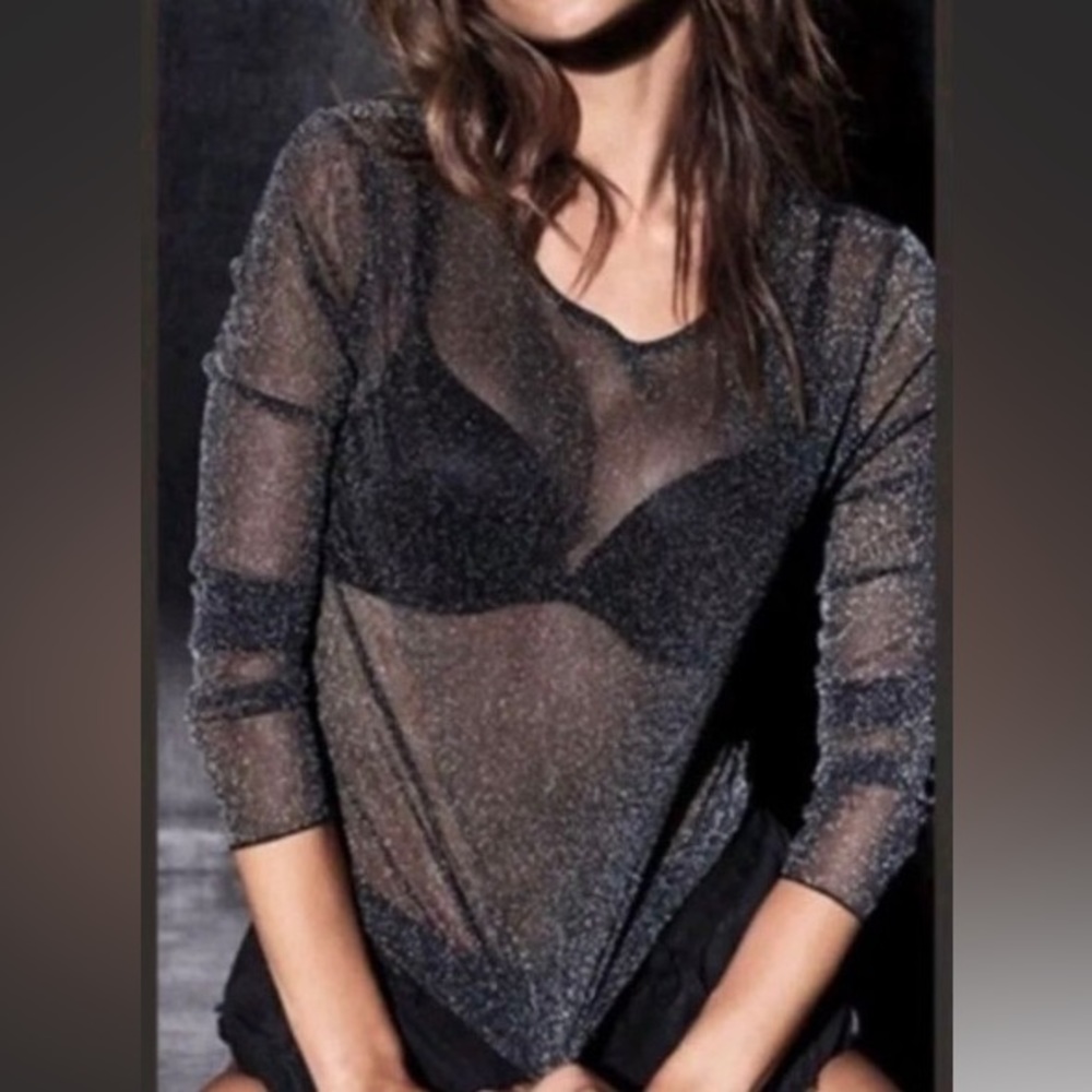 Victoria’s Secret Sheer Black Metallic Long Sleeve Top Sz- M/L